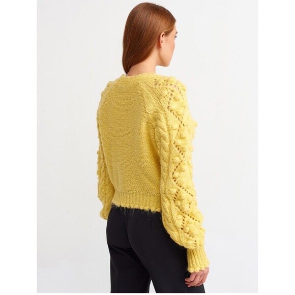 Dilvin Knit Bobble Yellow Cable Knit Jewel Buttons Scalloped Hem Cardigan M - Picture 3 of 14